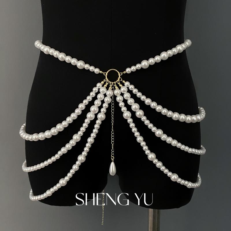 Taillenkette Kollektion~ Halskette mehrlagige Perlen-Taillenkette Brustkette Hofessen Schulterkette leichter Luxus Bein Kette einzigartiges Halsband