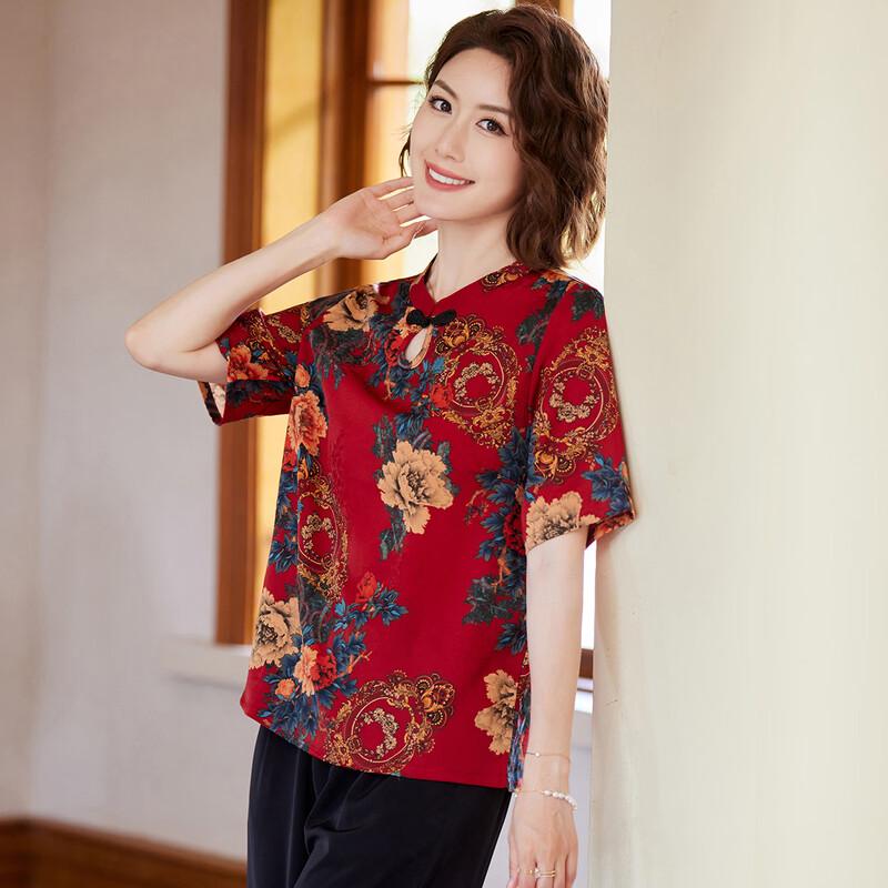 Pasite New Chinese Style Festive Floral T-Shirt for Mothers XL
