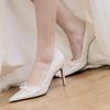 Wedding Shoes Women's White Satin Bow Pearl Bridesmaid Shoes Wine Red Bridal Shoes Women Heels Pumps