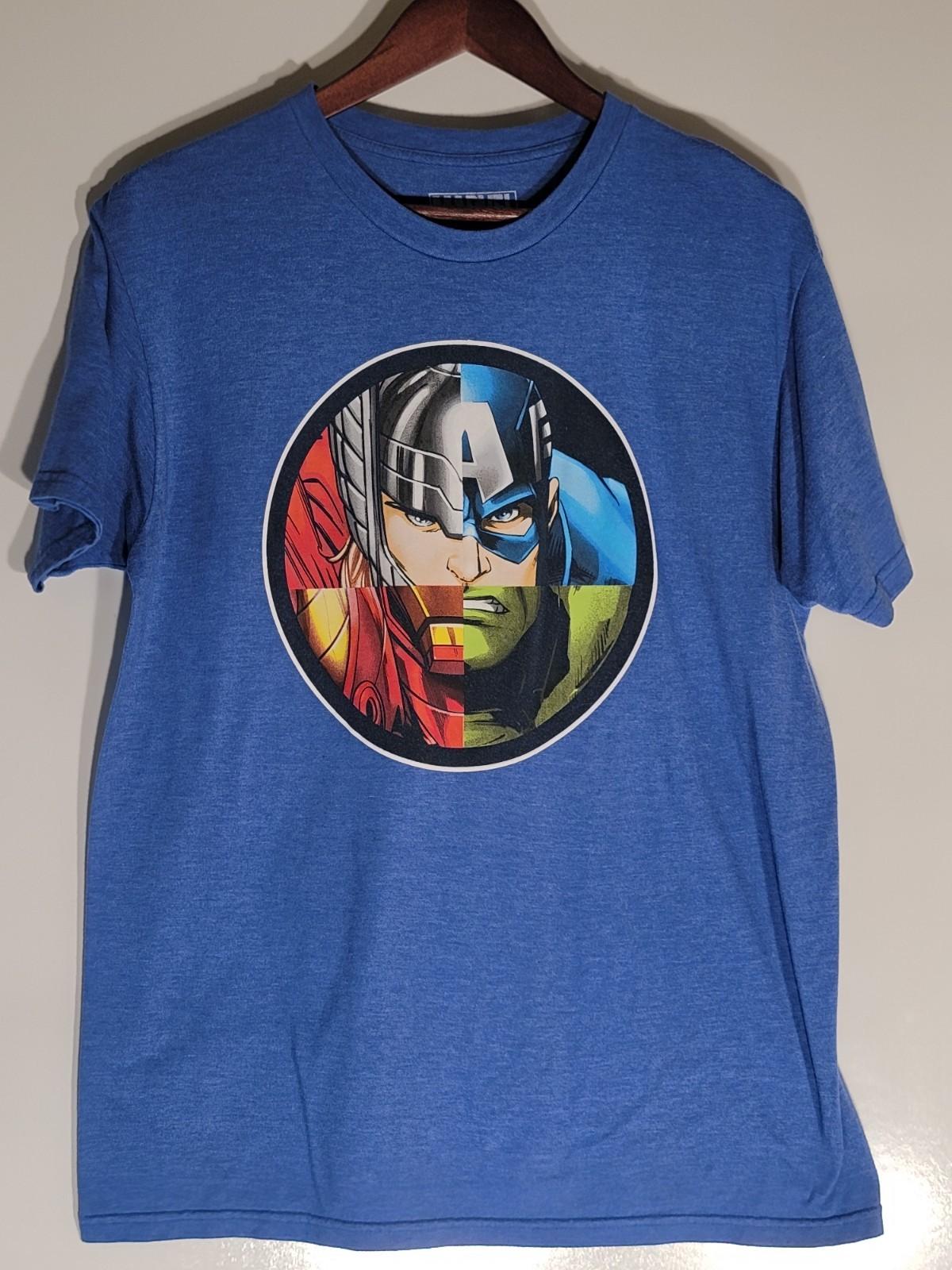 Marvel T-Shirt Mens Large Blue Thor Avengers Iron Man Hulk Short Sleeve S