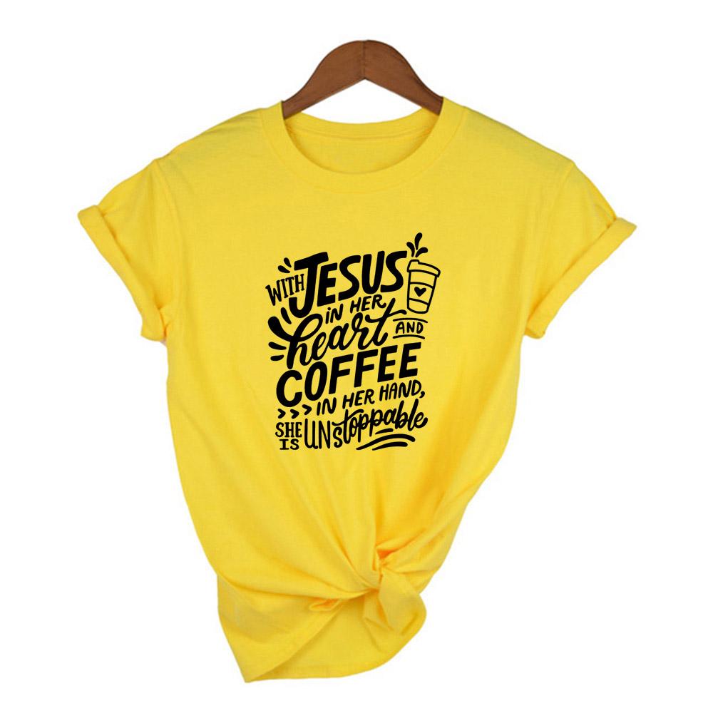 With Jesus In Her Heart And Coffee In Her Hand Women Faith God T Shirt