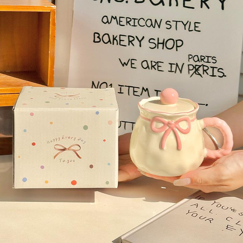 High-value Bow Ceramic Mug, New Couple Water Cup, Office Breakfast Cup, Female Birthday Gift