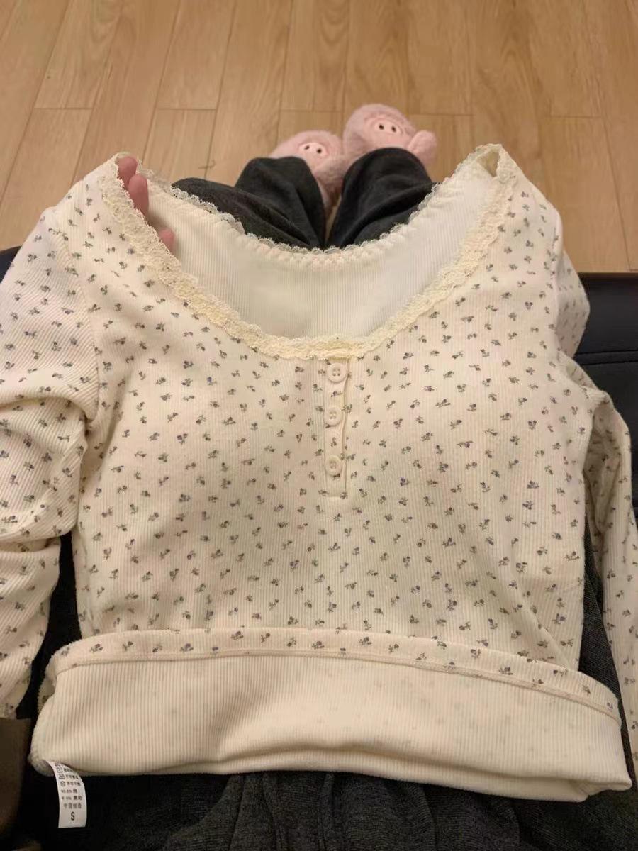 

Женская рубашка с цветочным принтом, кружевным воротником и длинными рукавами, накладкой на грудь, бархатом для дополнительного тепла осенью и зимой. One size, fits 75-120 jin