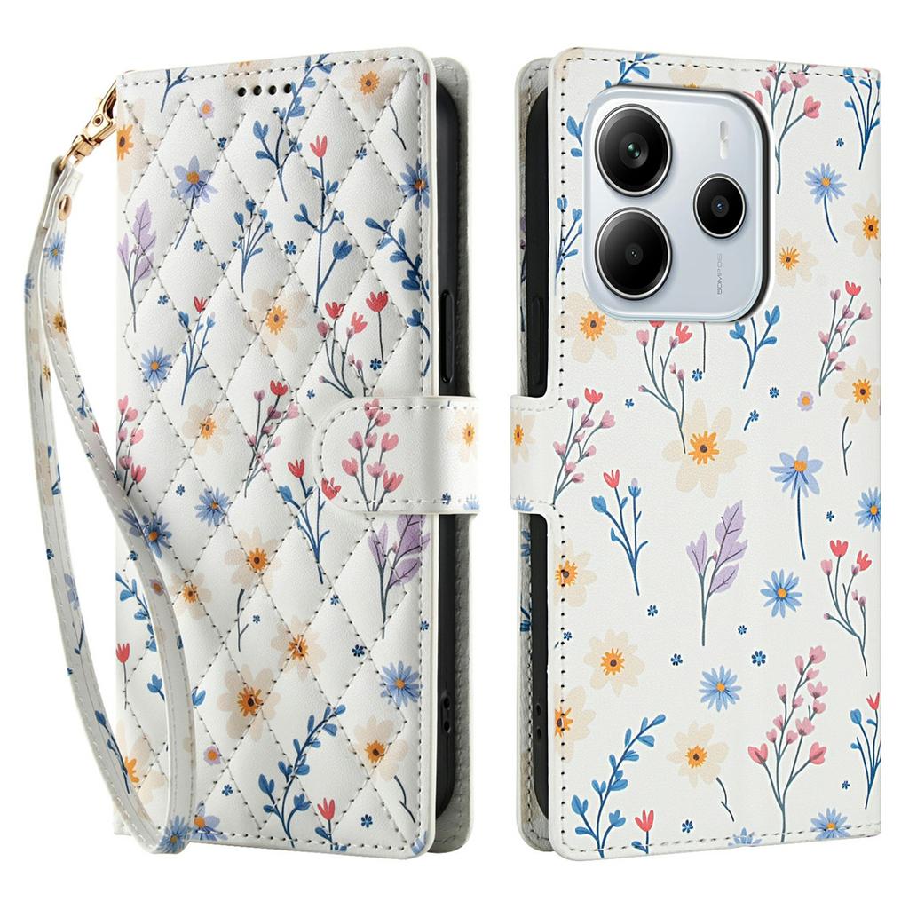 For Xiaomi Redmi Note 14 4G (163.25mm) Wallet Case Rhombic Floral Design Leather Flip Phone Cover with Strap