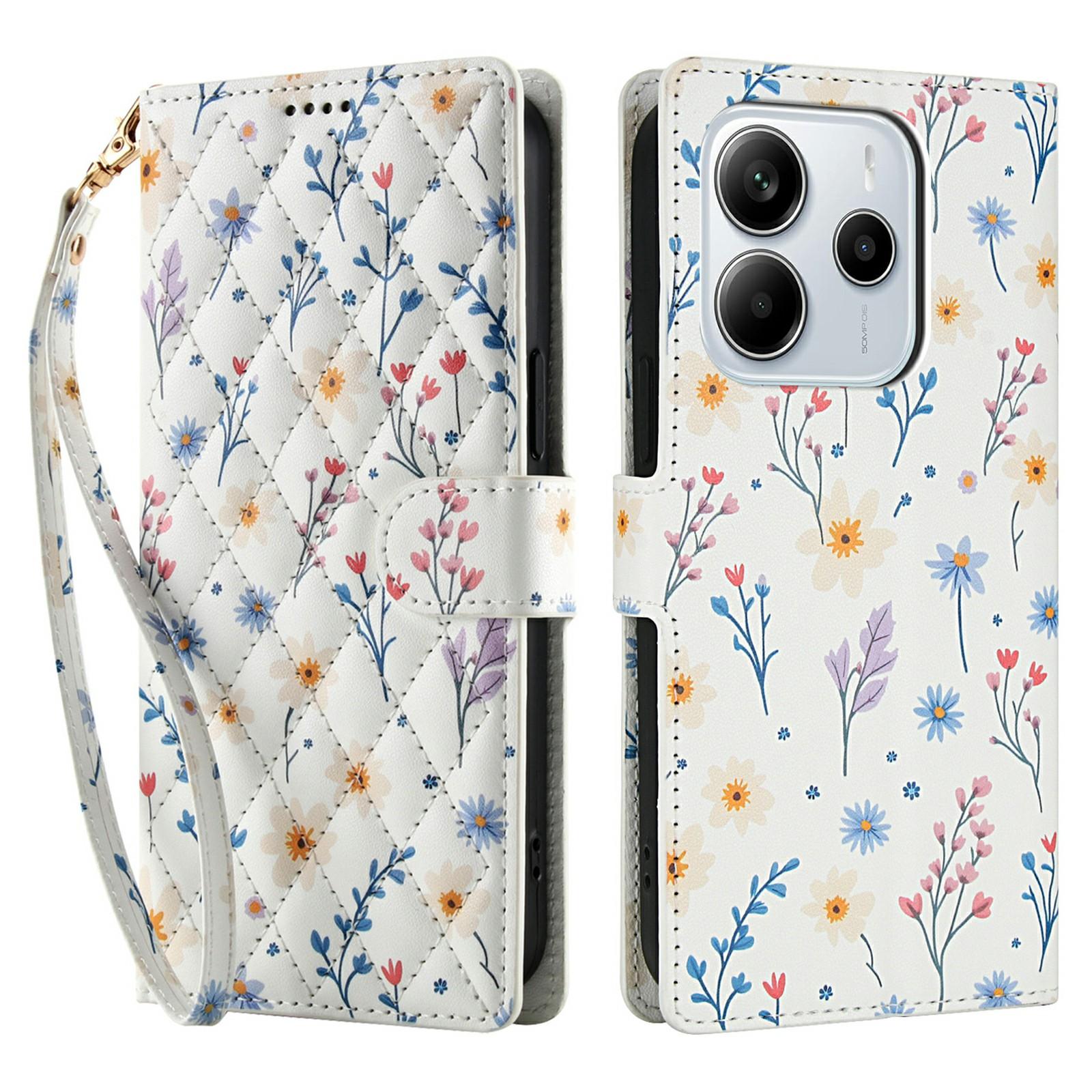 

For Xiaomi Redmi Note 14 4G (163.25mm) Wallet Case Rhombic Floral Design Leather Flip Phone Cover with Strap A2
