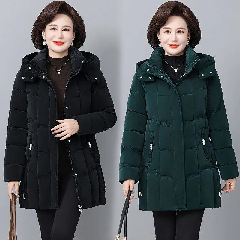 Women's Winter Thickened Jackets Parkas Hooded Quilted Long Pockets Coat Middle Aged Female Overcoat