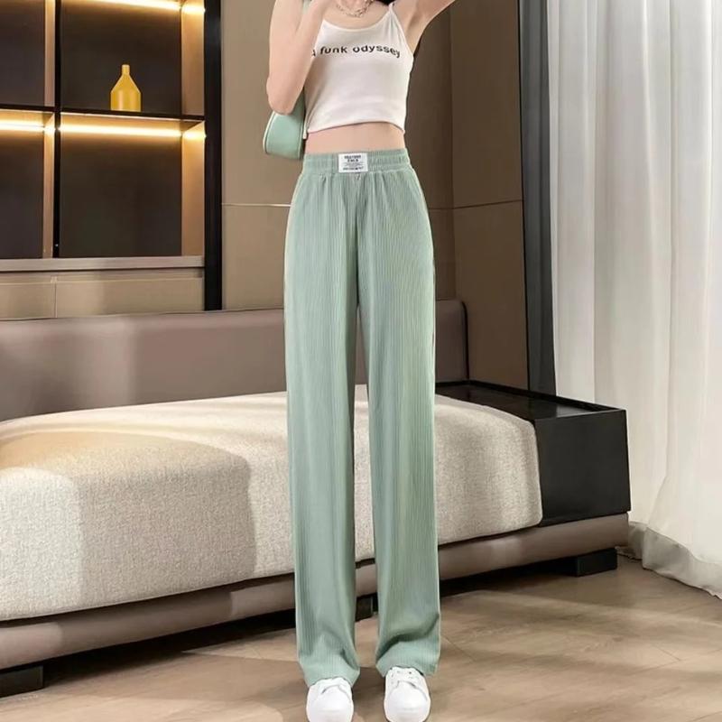 Women's Ice Silk Summer Thin High Waist Drape Loose Straight Leg Slimming Floor-Length Casual Pants Korean Sle
