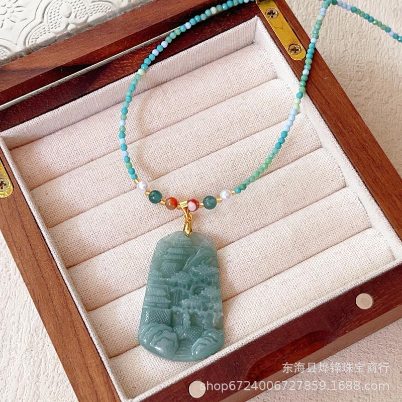 Natural jadeite  product, blue water jadeite landscape brand hand-woven necklace collarbone chain