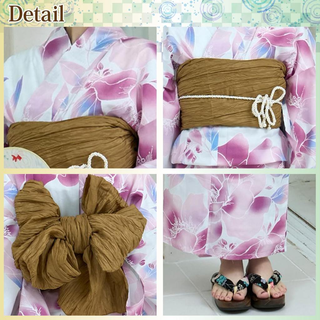 RAVIR Yukata White Gradient Floral Fluffy Obi and Geta One Size Fits All Women's 3-Piece Set, Print, Belt, Sandals, Pink,