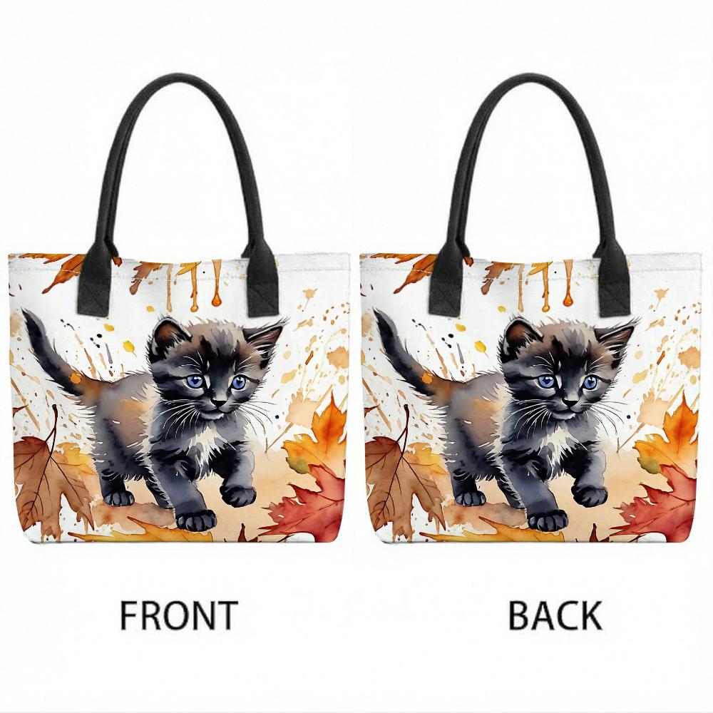 Herbst Kätzchen Muster Canvas Tragetasche Lässig Große Kapazität Tägliches Einkaufen Schulter Handtasche