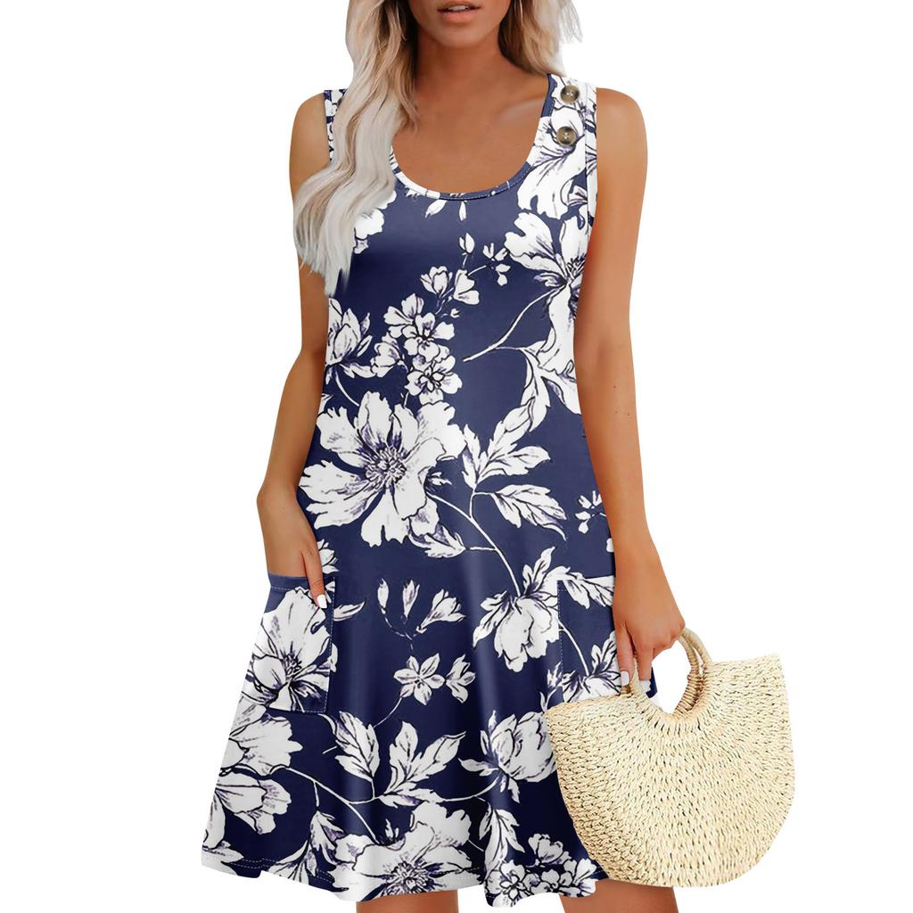 Summer Dresses For Women Beach Boho Sleeveless Printing Flowy Pocket Tshirt Tank Sundresses