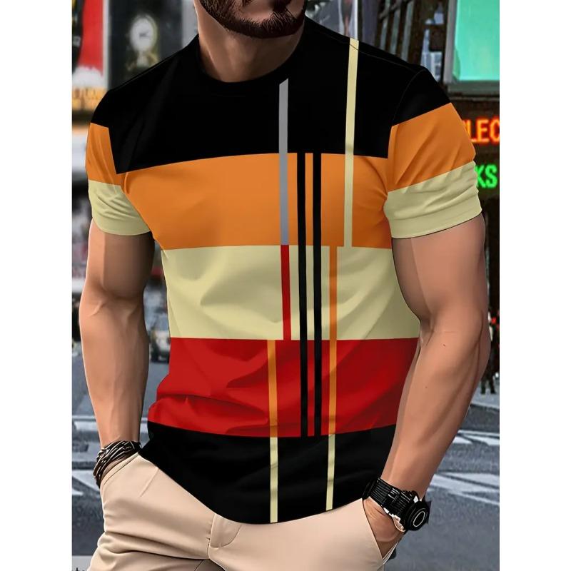 Men's Summer Casual Plus Size Vertical Stripe Color Printed Fashionable T-shirt- Soft Medium Stretch Polyester Fabric Summer Mens Relaxed Fit Clothing
