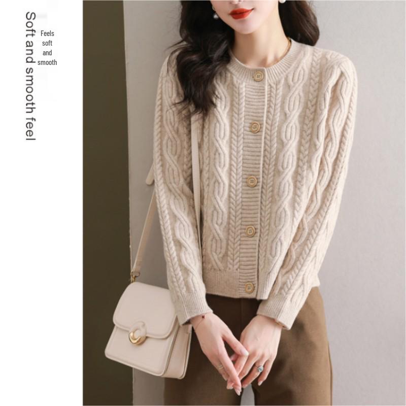 2026 Women's Round Neck Cable Knit Cardigan - Autumn/Winter Trendy Short Sweater Coat