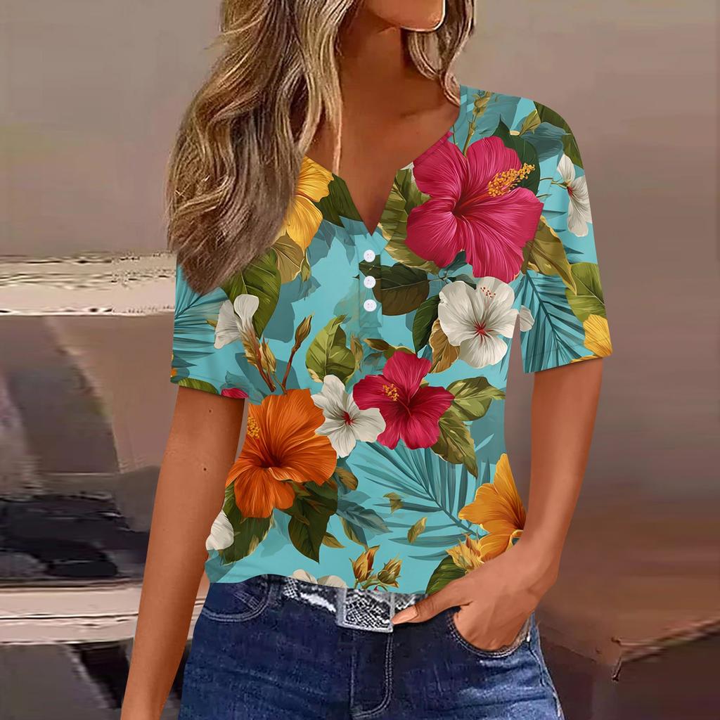 Women's fashionable casual Hawaiian print V-neck short-sleeved button-down T-shirt top