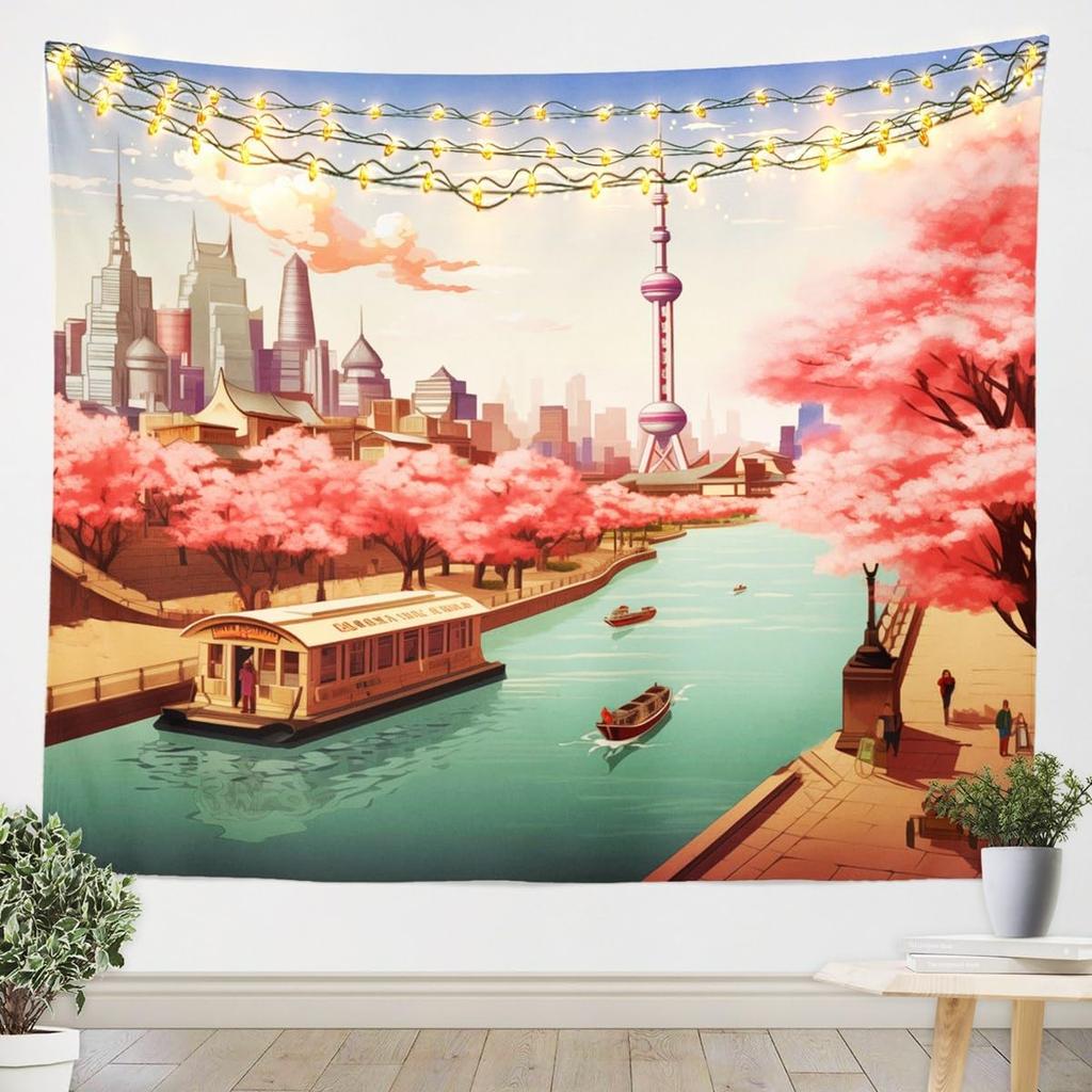 Cherry Blossom Tree Tapestry for Bedroom Romance Tower Tapestry Wall Hanging for Kids Women Girls Pink Room Decor Cityscape