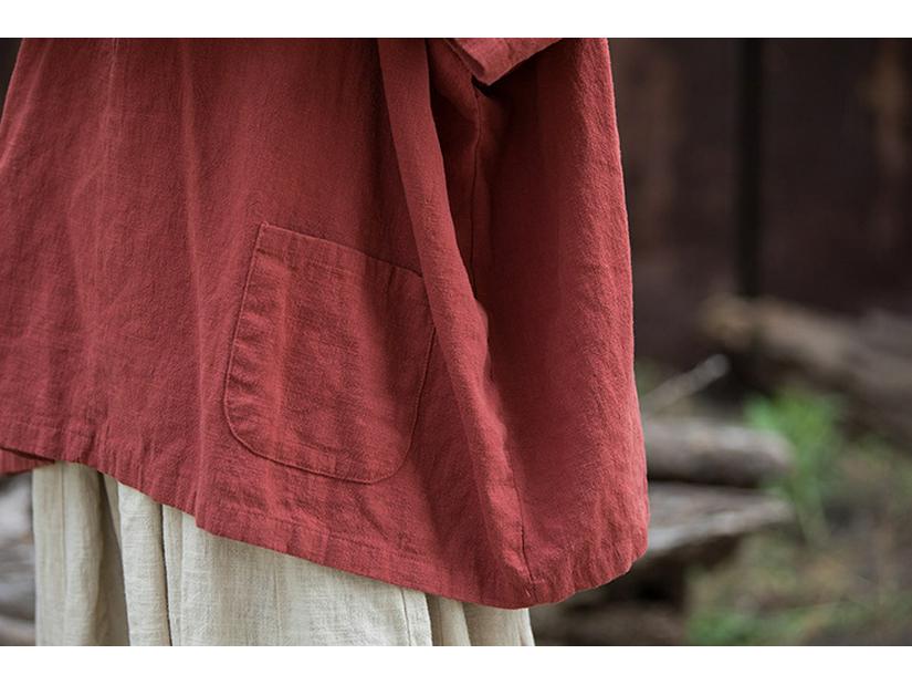 Women's Cotton Linen Hooded Frog Button T-shirt - Autumn/Winter Short Sleeve Sun Protection