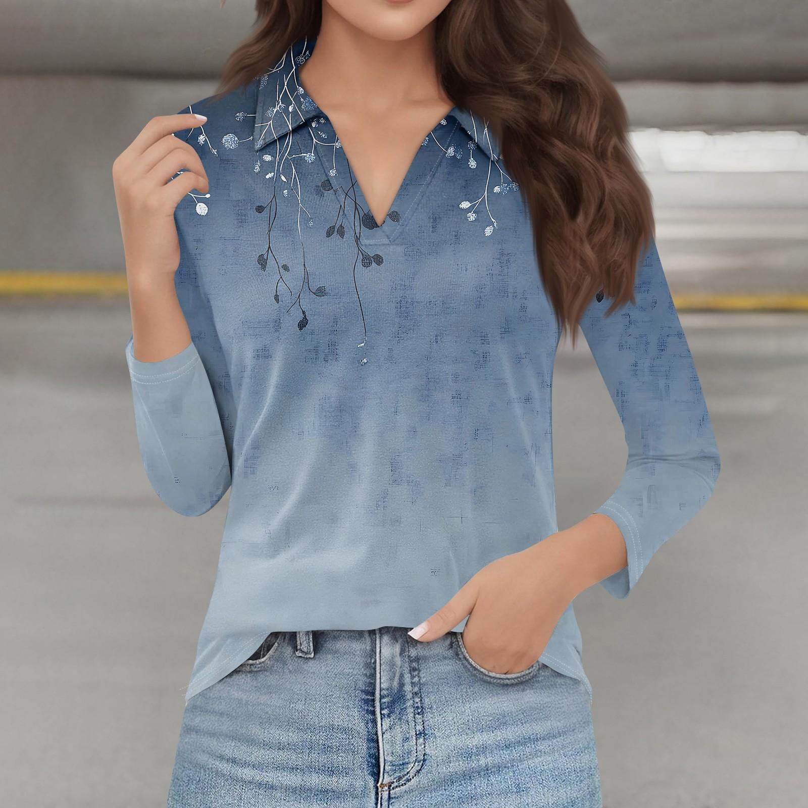 

Женская мода повседневная весенняя футболка с V-образным вырезом и лацканами, длинный рукав XL синий