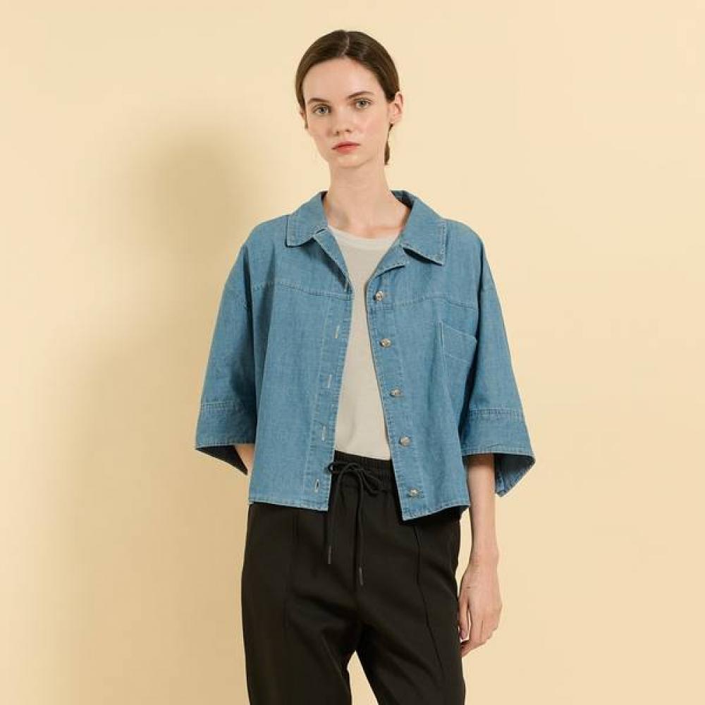Bcbg Open Collar Denim Blouse B5f7g470 Light Blue (51)/FREE