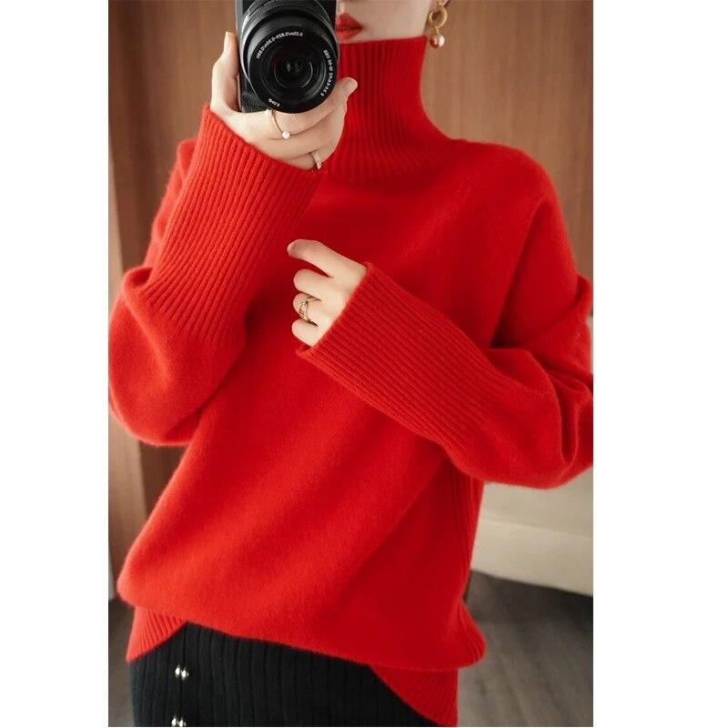 

Зимняя мода, свитера с высоким воротником, женские офисные вязаные толстые свободные вязаные свитера, повседневные однотонные трикотажные изделия с длинными рукавами 29986 One Size красный