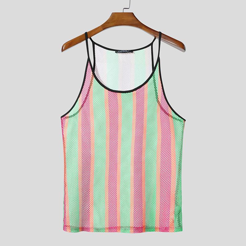 INCERUN Summer Men U Neck Sleeveless Striped Hollow Stitching Tank Tops