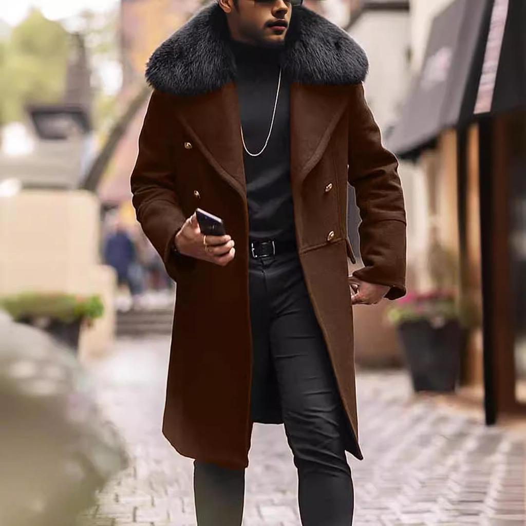 Herren Zweireihiger Wollmantel mit großem Pelzkragen