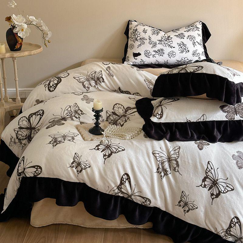 G5Z Melkfluweel & Kant Beddengoed Set: Verdikte Vierdelige Flanel & Koraalvlies, Dubbelzijdig met Dekbedovertrek.