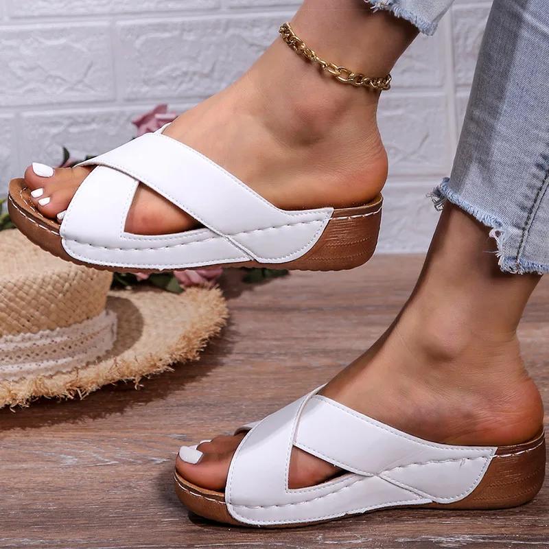Comfortable Wedge Sandals  Retro Summer Half Slippers with Thick Sole and Crisscross Straps, Open Toe, Mid-Heel, PU Cover