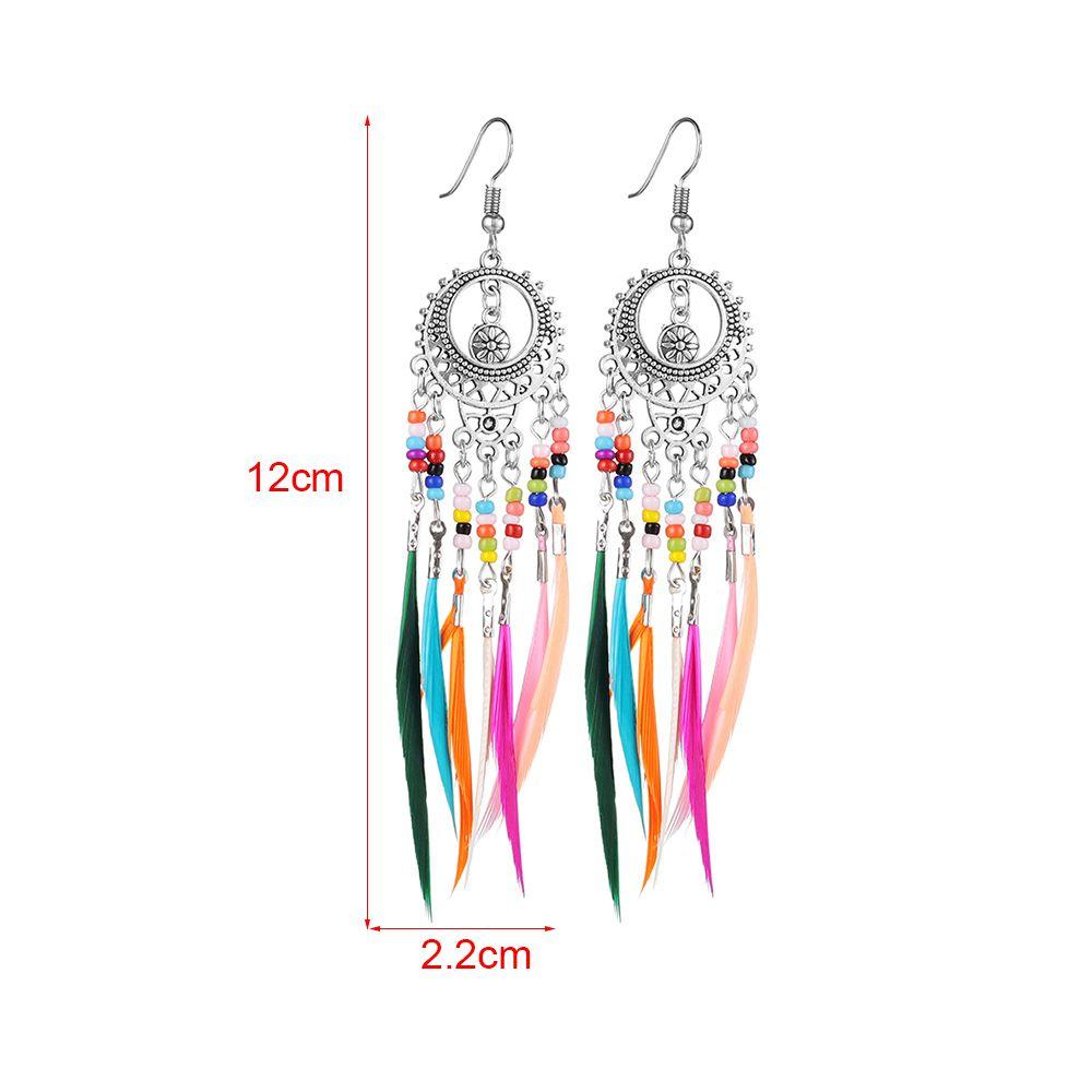 1Pair Vintage Ethnic Rainbow Beads Feather Dangle Drop Earrings For Women Female Boho Ear Jewelry Accessories