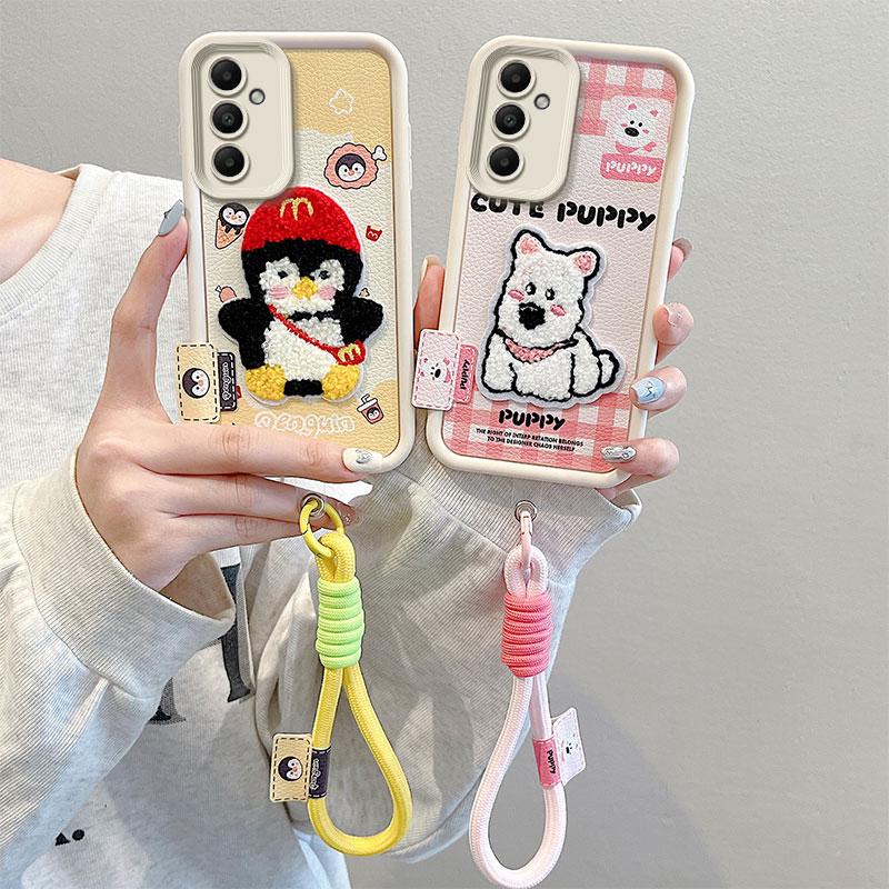 KEYSION Cartoon Cute Plush Embroidery Case for Samsung A55 5G A35 with Lanyard Silicone Shockproof Phone Cover for Galaxy A25 A15 5G