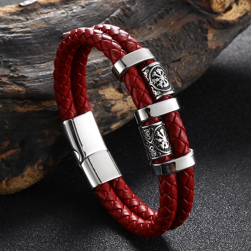 

Новый браслет из нержавеющей стали и кожи, двухслойный плетеный кожаный мужской браслет серии Nordic Viking Inner Perimeter195mm
