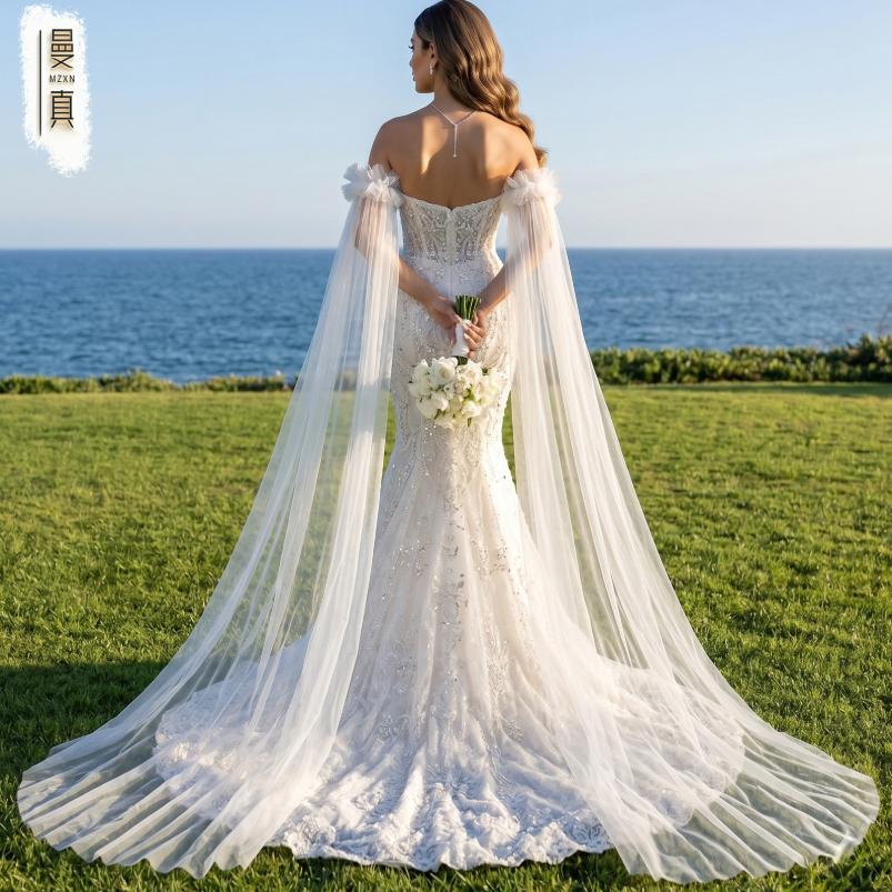 Detachable Off Shoulder Ruffle Tulle Long Train Arm Sleeves Maxi Floating Sheer Bridal Cuffs For Strapless Mermaid Wedding Gown Photoshoot