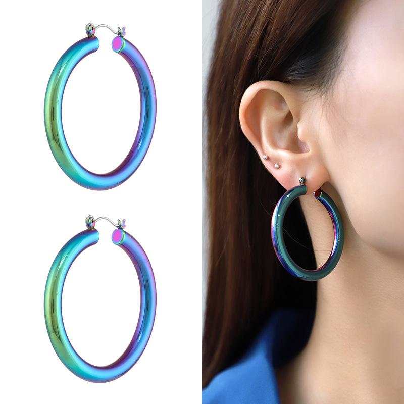 Kenjie Iridescent Electroplated Classic Hoop Earrings for Women - Colorful Punk Retro Style.