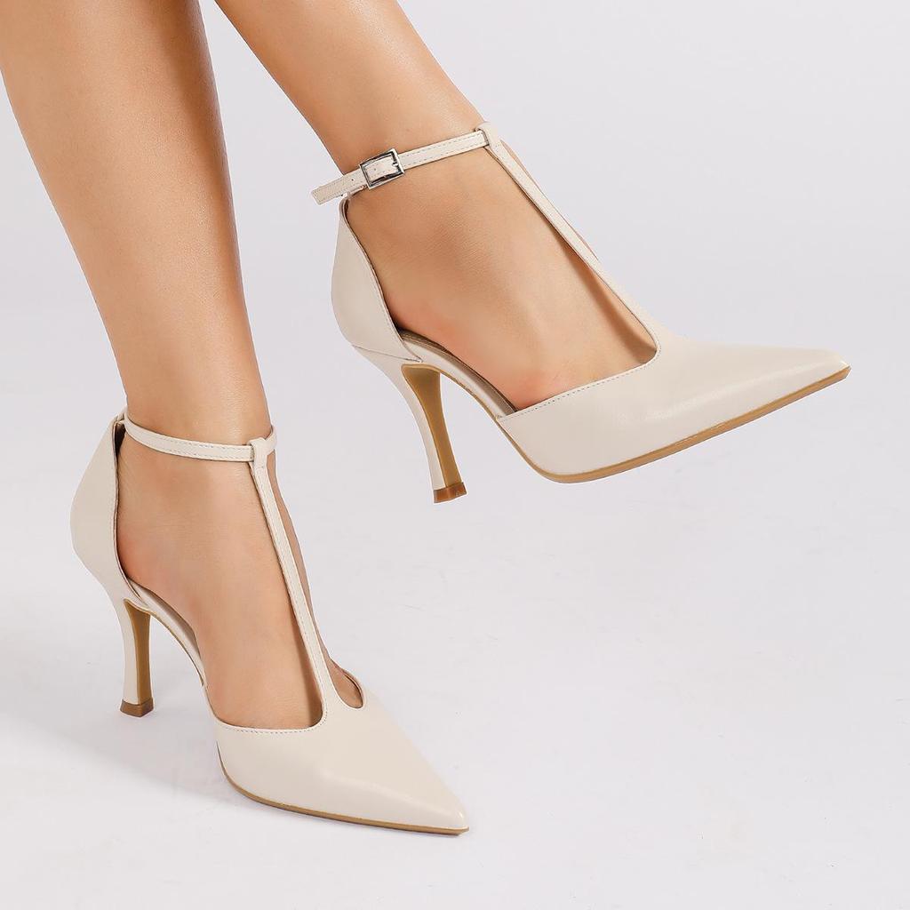On Feet & In Love: Stylish T-Strap Pointed Toe Stilettos with Comfortable Buckle Closure