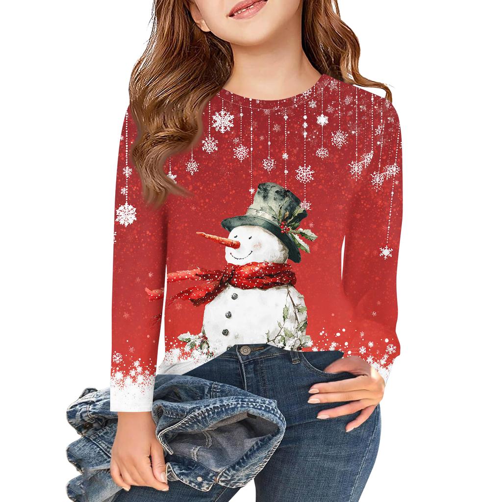 Christmas Day Girls Long Sleeve T Shirts Kids Fall Tops Crewneck Printed Basic Tees