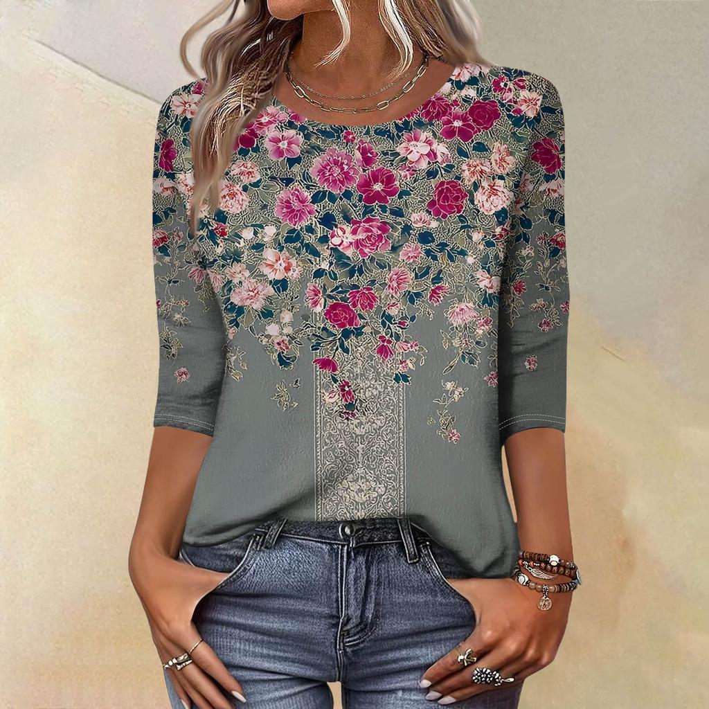 Trendy Vintage 3/4 Sleeve Top For Women,Ladies Casual Three Quarter Sleeve Round Collar Printed T-Shirt Blouse