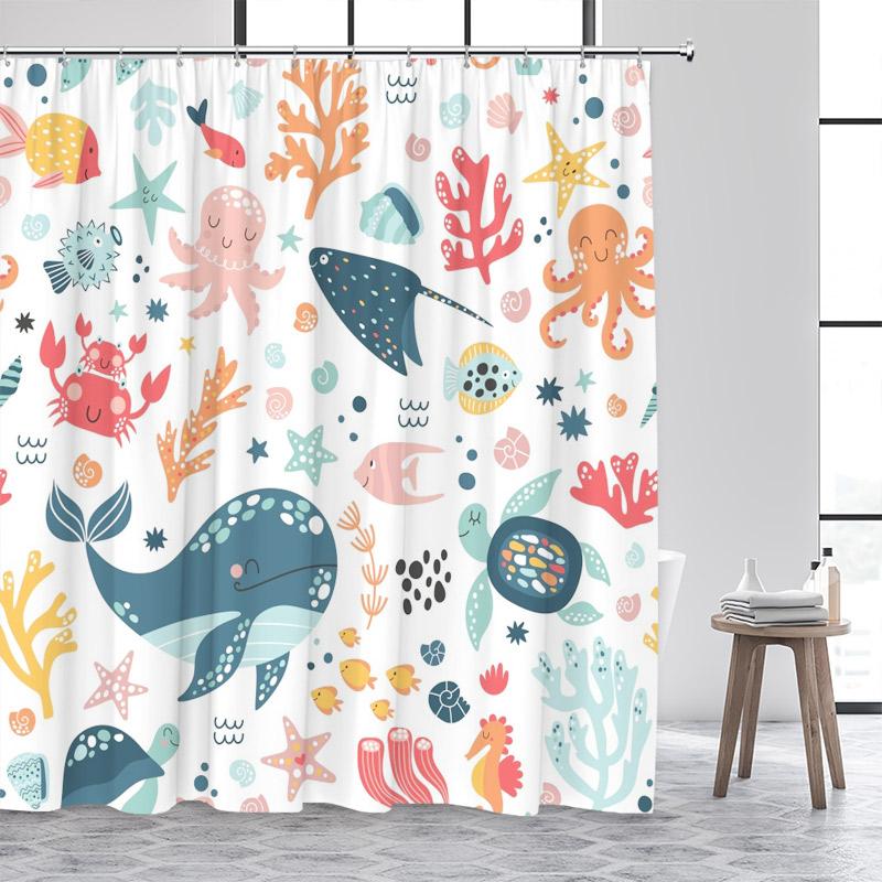 Cartoon Animals Kids Shower Curtains Cute Dogs Pet Ocean Fish Sea Turtle Whale Octopus Child Bathroom Curtain Decor With Hooks