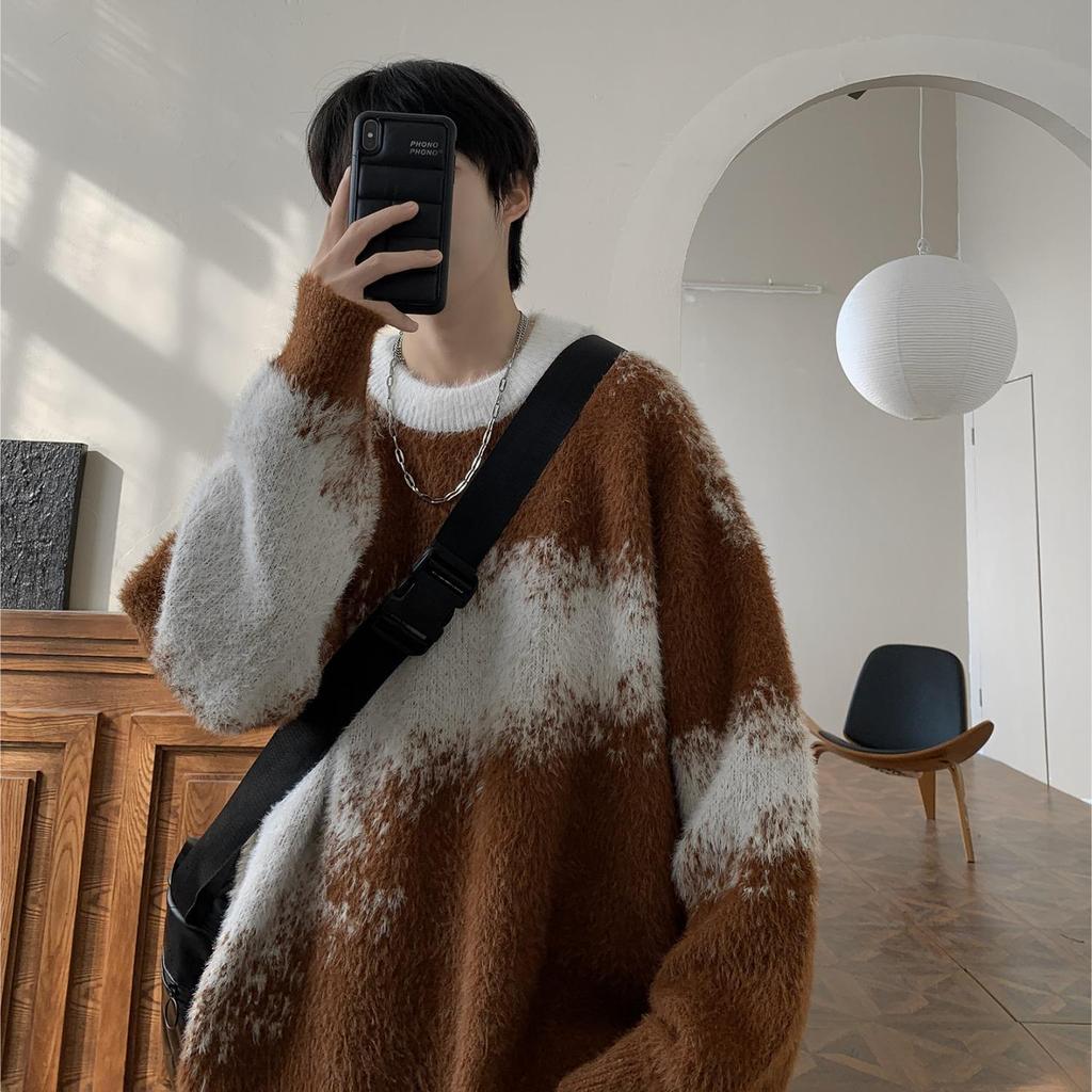 Sweat à capuche pelucheux pour homme - Blocs de couleurs rétro, chaud pour l'hiver, pull en maille ample