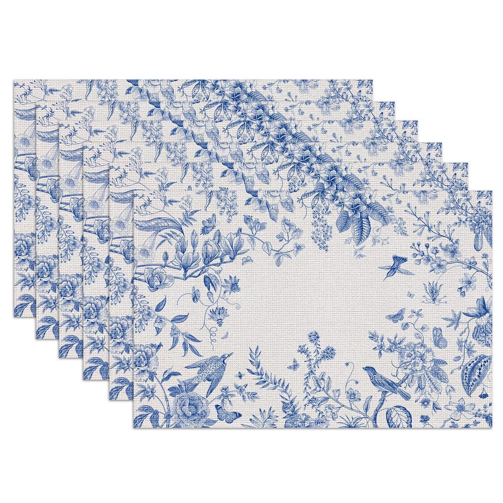 Spring Vintage Bird Placemats Set of 6, Chinoiserie Flower Linen Place Mat Washable Stain Resistant Table Mats for Farmhouse Kitchen 12x18 Inch