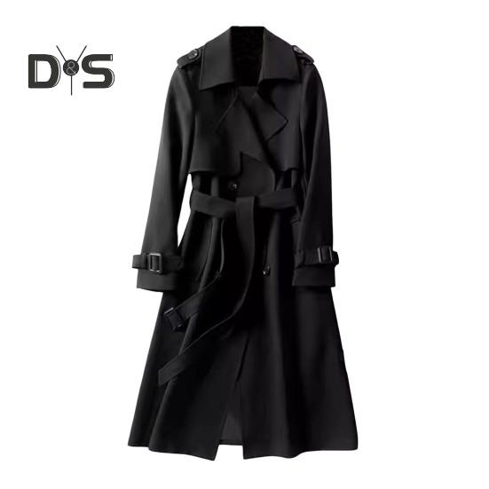 

Женская ветровка с отложным воротником, свободное однотонное пальто, двубортное с длинными рукавами, декорированное поясом, пальто средней длины с карманами, ветрозащитное женское S чёрный