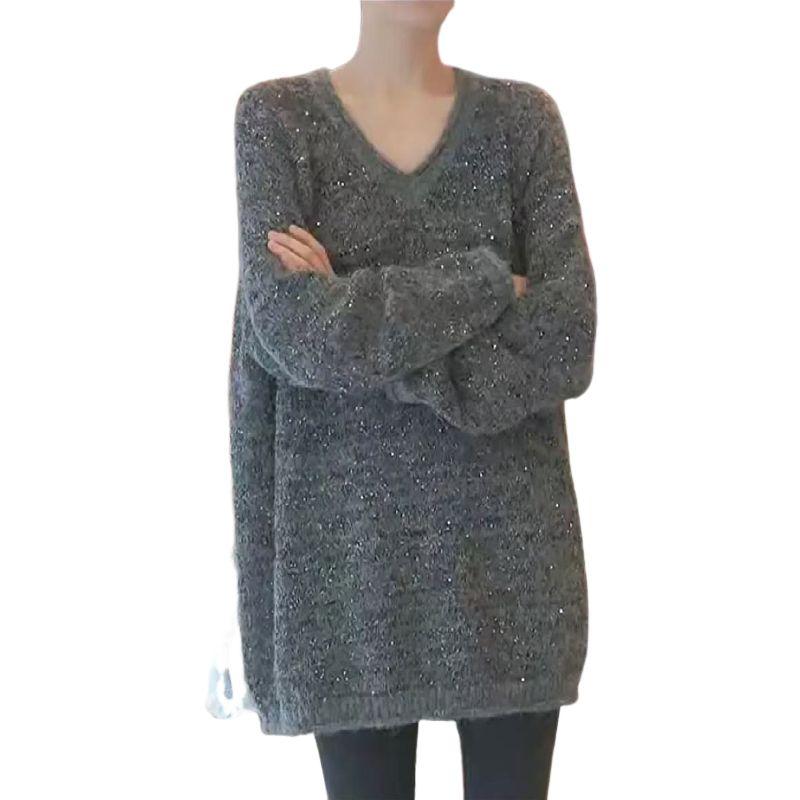 Sequin V-neck Pullover Sweater Autumn and Winter Lazy Style Mid-length Loose Knitted Sweater Top