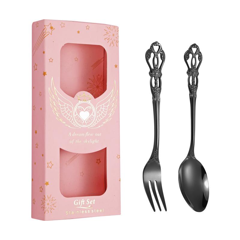 Stainless Steel Spoon Fork Two-piece Cutlery Gift Box Retro Coffee Spoon and Fork Set with Hand