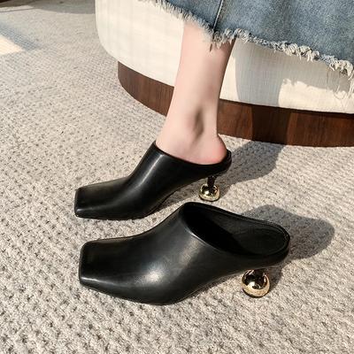 Square Toe Elegant Women Slippers Fad Mid Heels Leather Sandals Mule Shoes 2025 New Trend Spring Designer Dress Femme Chaussures