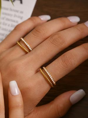 Korejská Móda Osobnost Chladný Styl Senior Smysl Nerezová Ocel 18K Zlacená S Diamanty Dvouvrstvý Prsten Dámský