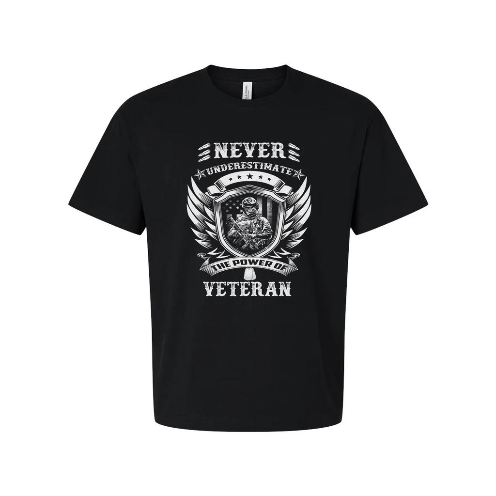 Never Underestimate The Power Of Veteran Graphic Tee With Shield And Wings Desig