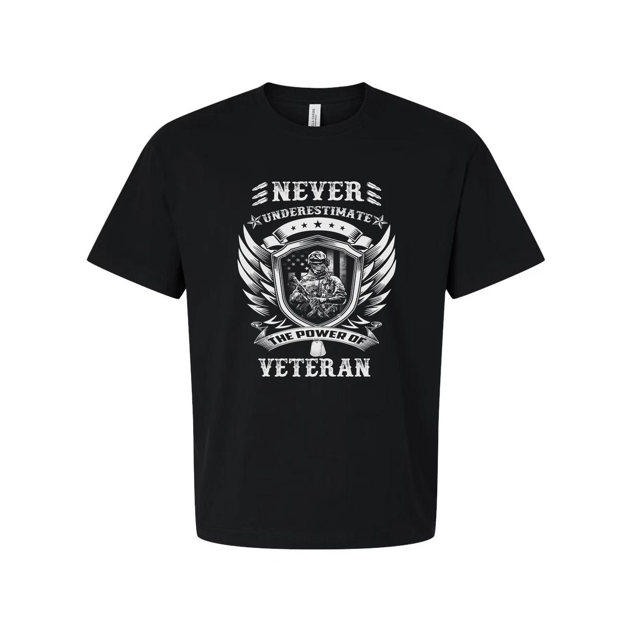 Never Underestimate The Power Of Veteran Graphic Tee With Shield And Wings Desig M