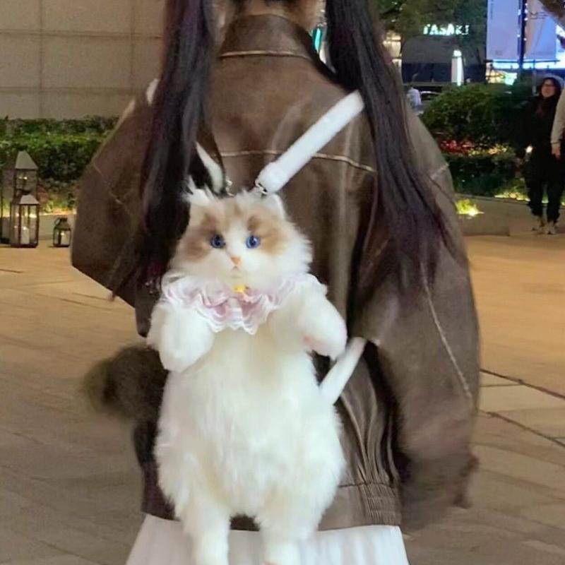 Superrealistischer Drei-Blumen-Katzen-Rucksack, rein handgefertigt, niedliche Katzen-Plüschpuppe, Einkaufstasche, Reiseaufbewahrung, Make-up-Tasche, Geburtstagsgeschenk