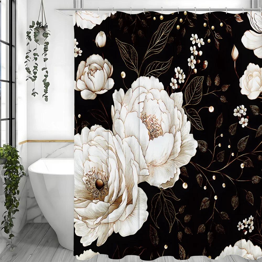 Peony Flower Black Background Shower Curtain, Bathroom Decorative Shower Curtain, Waterproof Shower Curtain with Hooks 180x200cm