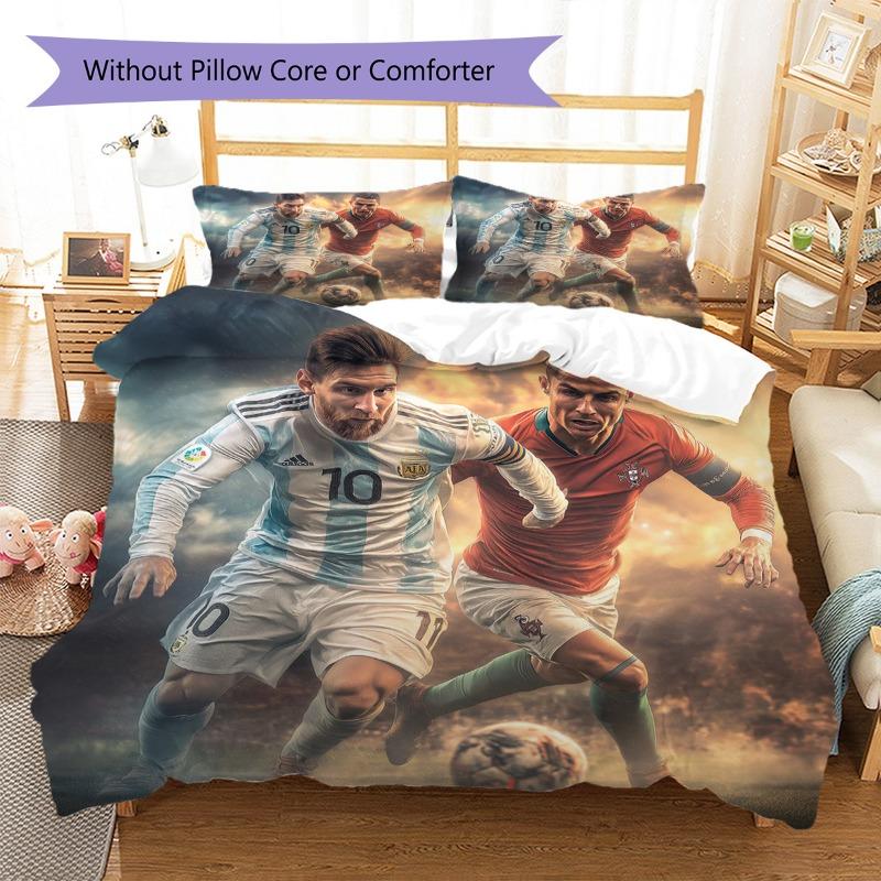 Messi Ronaldo 3pcs Duvet Cover Set, Football Star Print Bedding Set, Soft Microfiber Bed Cover with 2 Pillowcases for Soccer Fans Bedroom