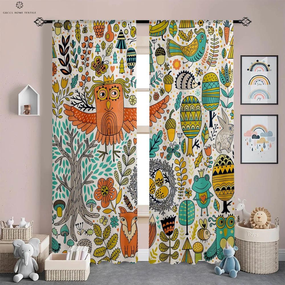 Perdele cu Imprimeu Desene Animate Animale din Pădure pentru Copii, Fibră Poliesterică, Cameră Copii, Birou, Dormitor, Decorative, 2 Buc.