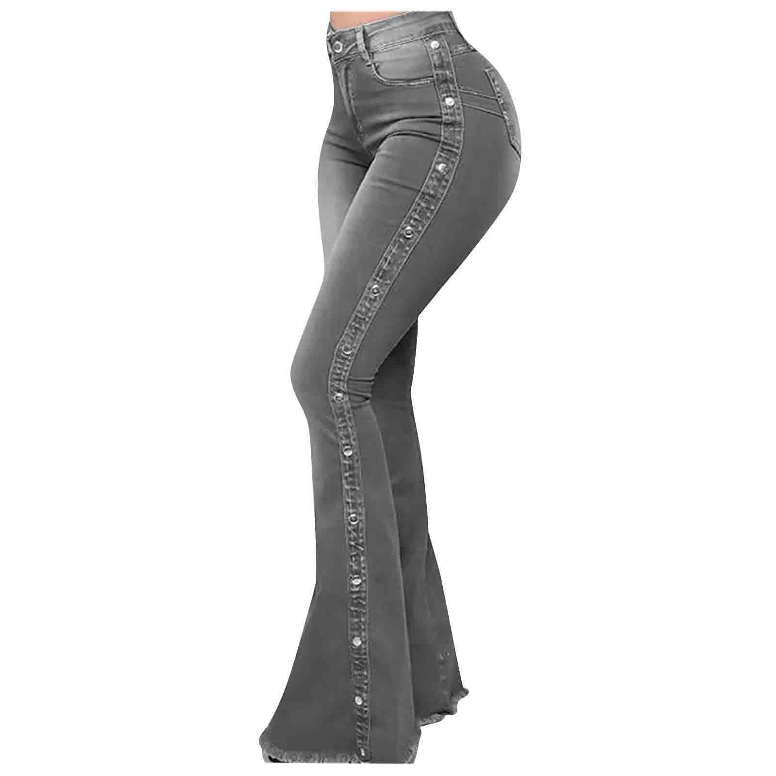 Women s High Waist Button Detail Denim Pants with Side Pockets Flared Leg Stretch Fabric Summer Style S